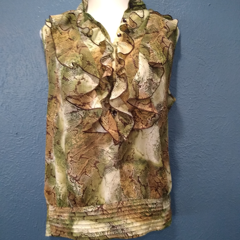 Dressbarn Women's Ruffle Camo Tank Blouse Plus Size 2x Green and Tan